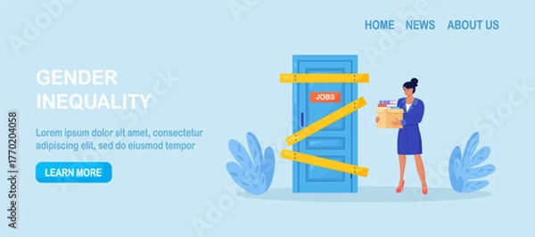 Fototapeta Business woman is standing near the closed door. Unequal social rights and work problems. Gender inequality and discrimination, career. Social inequality making obstacles for work and business growth
