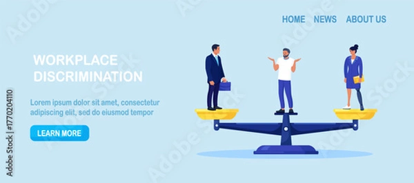 Fototapeta Ableism. Discrimination and social prejudice against people with disabilities. Unequal rights, difficult to integrate into team. Woman with prosthesis on unbalanced scales. Recruitment balance