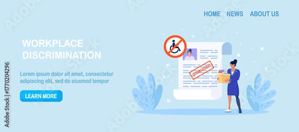 Fototapeta Discrimination against disabled people. Woman with prosthesis is fired. Sad jobless person, career failure. Unemployed have problems in job seeking. Diversity and inclusion concept