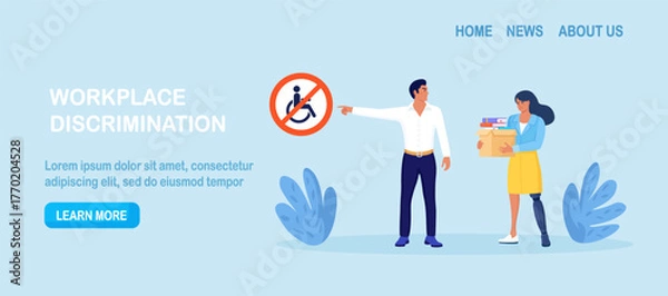 Fototapeta Discrimination against people with disabilities. Woman with prosthesis is fired, employer points at forbidden sign. Sad jobless person, career failure. Unemployed have problems in job seeking