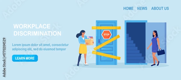 Fototapeta Ableism, discrimination, prejudice against hiring people with disability, unequal rights. Woman with disability cannot move up career ladder. Person with prosthesis has mobility problems