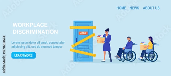 Fototapeta Discrimination, prejudice against people with disabilities. Unequal rights, difficult to integrate into team. Characters in wheelchair, with prosthesis trying find job employers rejected of workers