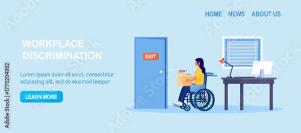 Fototapeta Discrimination against disabled people. Woman in wheelchair is fired. Sad jobless person, career failure. Unemployed have problems in job seeking. Diversity and inclusion concept