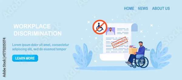 Fototapeta Discrimination and social prejudice against people with disabilities. Jobless person in wheelchair trying find job employers rejected of worker. Dismissal, career failure