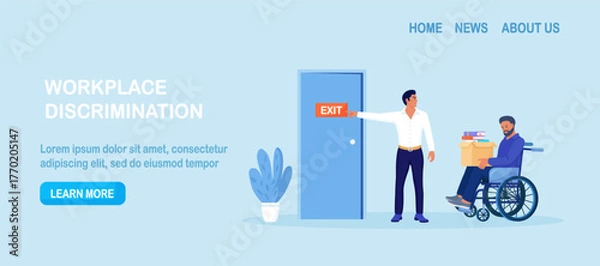 Fototapeta Discrimination against disabled people. Man in wheelchair is fired, employer points at door. Sad jobless person, career failure. Unemployed have problems in job seeking. Inclusion