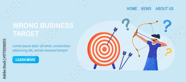 Fototapeta Business woman with closed eyes trying to shoot arrows with bow to hit bullseye but failed miserably. Person aiming with archery at target incorrectly. Wrong business goals, strategies and failure