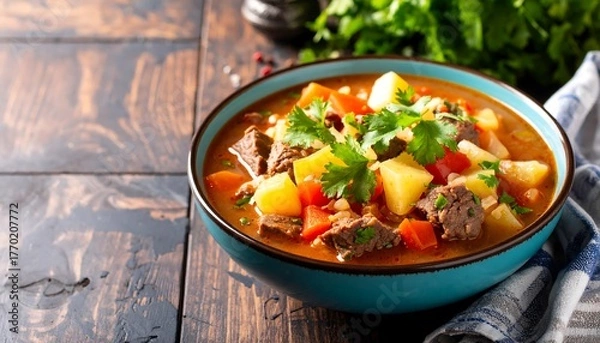 Obraz Beef Stew in Bowl on Rustic Table.