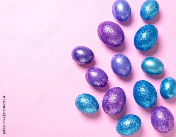 Fototapeta Glittery, colorful eggs on a plain pink background