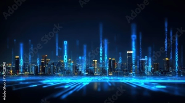 Obraz A futuristic city where binary patterns flow through a massive database guarded by a glowing firewall, connected by neon link bridges representing computing and function byte streams