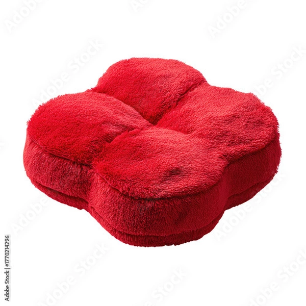 Fototapeta Puffy, red, four-lobed plush cushion, isolated on a black backdrop