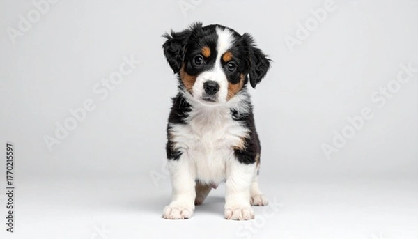 Obraz Adorable puppy with tricolor coat sitting on a light background