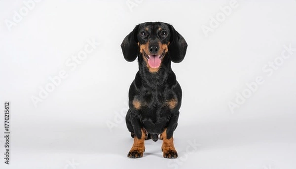 Obraz Happy Black and Tan Dachshund Dog Sitting on White Background