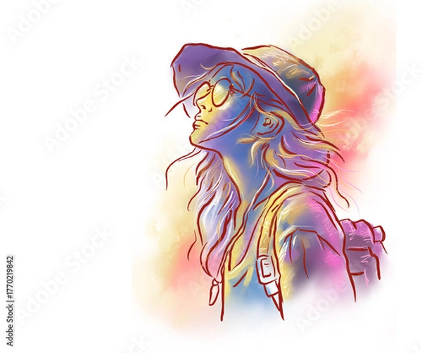 Fototapeta a girl in hat wearing glasses posing with the wind digital art for cad decoration illustration