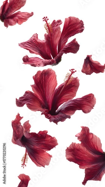 Fototapeta Maroon hibiscus blooms & petals float downwards, isolated on black