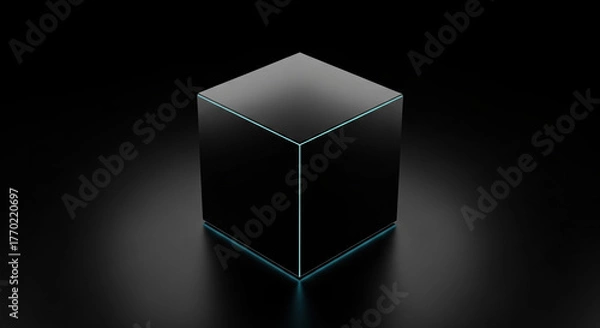 Fototapeta Glossy Black Cube on Dark Minimalist Background