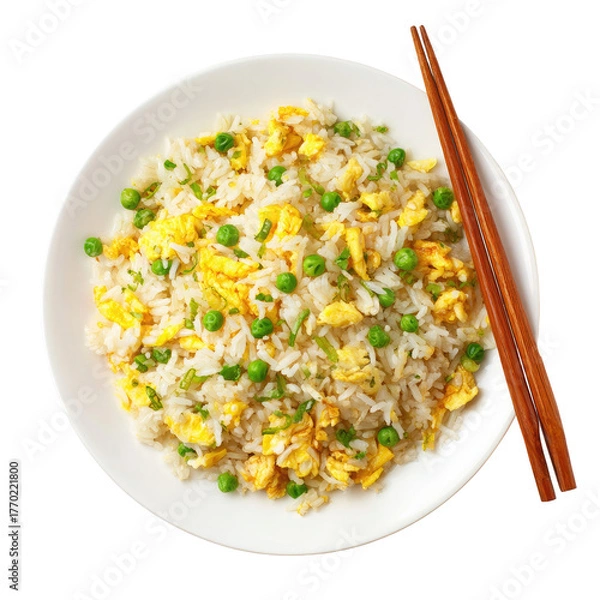 Fototapeta Overhead view of fried rice with egg, peas, & chopsticks
