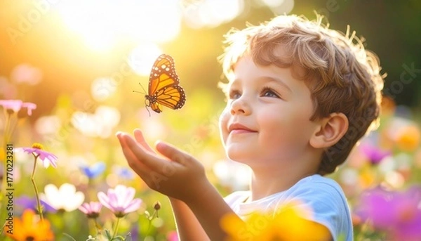 Obraz Colorful Meadow Scene Featuring Child Releasing Butterfly in Nature, Highlighting Environmental Care, Harmony, and Eco-Friendly Lifestyle