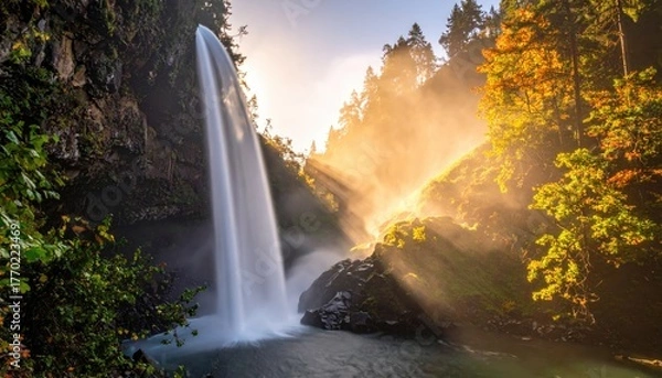 Fototapeta Majestic waterfall cascading into a tranquil pool, bathed in golden sunlight