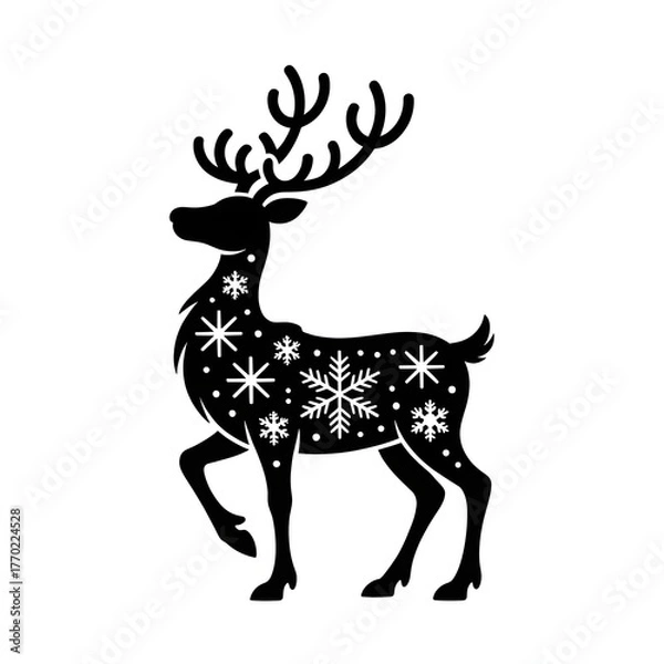 Fototapeta  Christmas deer in a santa hat and scarf black silhouette illustration, vector jolly cartoon reindeer with a red nose and festive