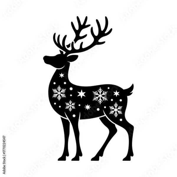 Fototapeta  Christmas deer in a santa hat and scarf black silhouette illustration, vector jolly cartoon reindeer with a red nose and festive