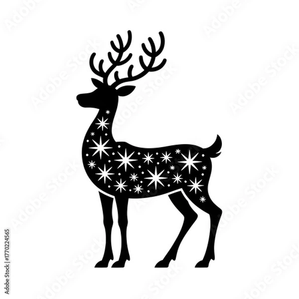 Fototapeta  Christmas deer in a santa hat and scarf black silhouette illustration, vector jolly cartoon reindeer with a red nose and festive