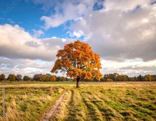 Fototapeta Autumnal tree stands alone on a path