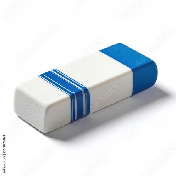 Obraz Rectangular eraser, white body with blue stripes, and blue ends