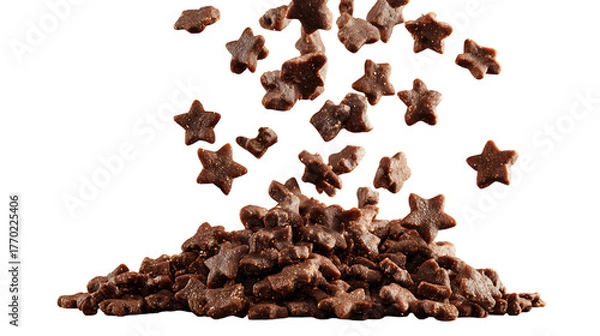 Obraz A pile of small, brown, flower-shaped pet kibble. Several pieces of the kibble are suspended in mid air above the main pile, creating a dynamic, gravity-defying effect.