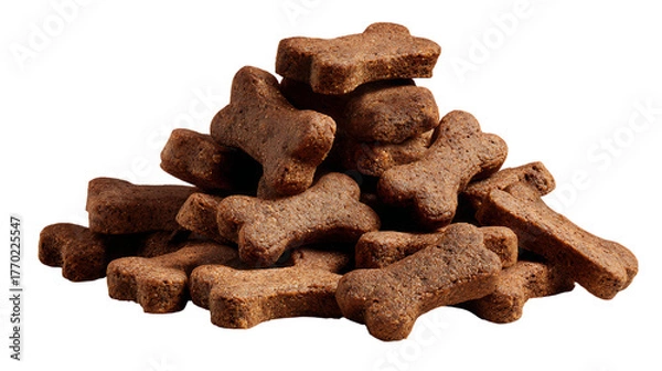Obraz Rough pile of small, dry, bone shaped dog treats. The textured, crumbly surface of the biscuits and their savory brown color.