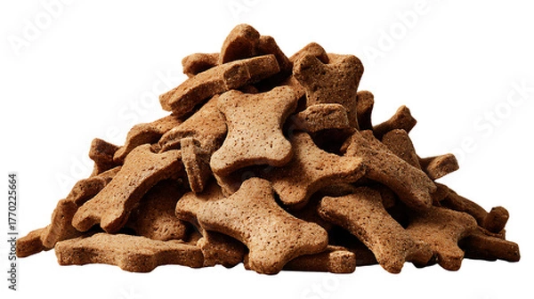 Obraz Rough pile of small, dry, bone shaped dog treats. The textured, crumbly surface of the biscuits and their savory brown color.