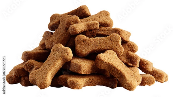 Obraz Rough pile of small, dry, bone shaped dog treats. The textured, crumbly surface of the biscuits and their savory brown color.