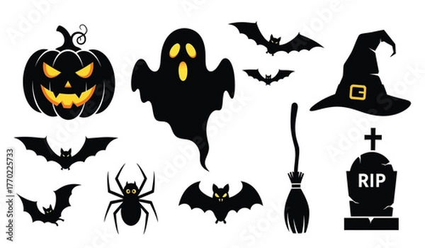 Obraz Spooky halloween icons silhouette collection for festive decorations and holiday themed designs haunted pumpkin ghost spider bats witch hat tombstone broom isolated on white background