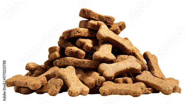 Obraz Rough pile of small, dry, bone shaped dog treats. The textured, crumbly surface of the biscuits and their savory brown color.