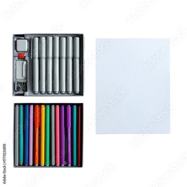Fototapeta Markers in boxes, gray and colored, beside blank white paper