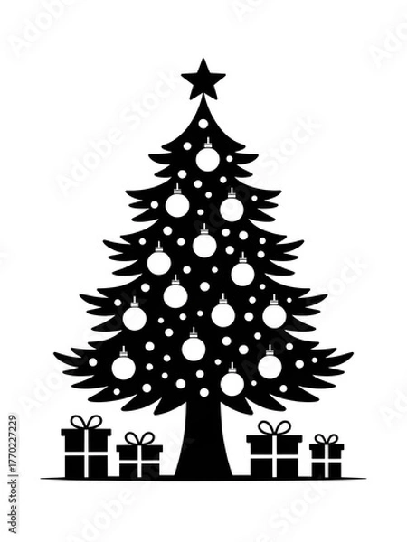 Fototapeta Christmas tree silhouette icon illustration on white background, Collection of eight black silhouette christmas trees on white background