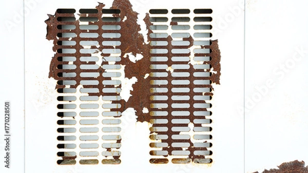 Obraz white perforated metal sheet severely damaged and covered in dark rust. Represents decay, industrial texture, aging, grunge background, damage, and corrosion concept.
