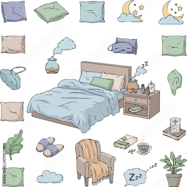 Fototapeta  Create Sleep and Relaxation Collection Featuring Beds, Pillows, Aromatherapy, and Nighttime Comfort Items. Editable Stroke. pure Colored Vector Illustration.