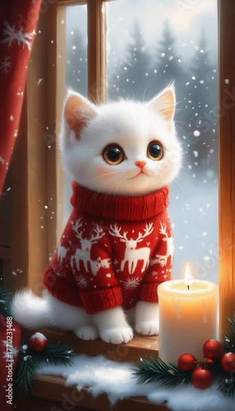 Fototapeta A white cat in a red Christmas sweater is sitting on the window, there is a snow tree outside the window. There is a white fur rug on the window, a sprig of spruce, and a candle is burning.
