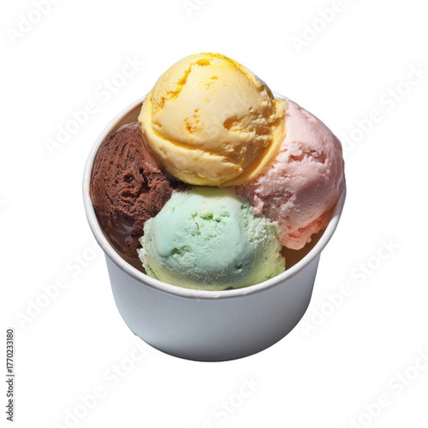 Fototapeta Scoops of colorful ice cream in a cup, top view