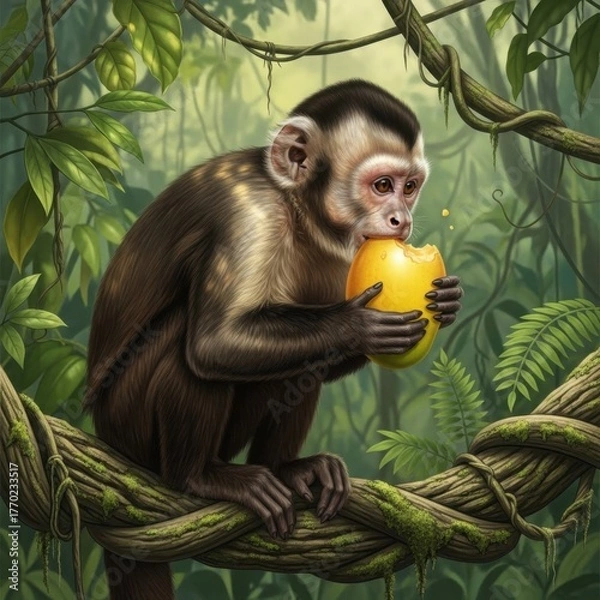 Fototapeta A monkey sitting on a tree branch eating an orange