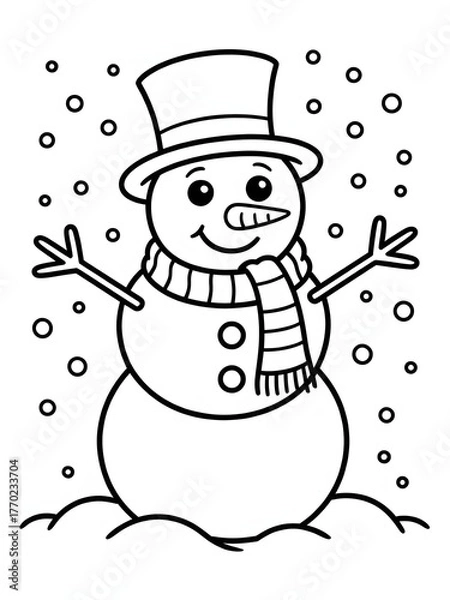 Fototapeta A black and white drawing of snowmen and a snowman, Cheerful smiling snowman character wearing a top hat with stick arms and a carrot nose winter holiday illustration