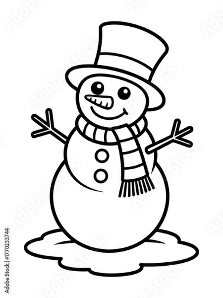 Fototapeta A black and white drawing of snowmen and a snowman, Cheerful smiling snowman character wearing a top hat with stick arms and a carrot nose winter holiday illustration