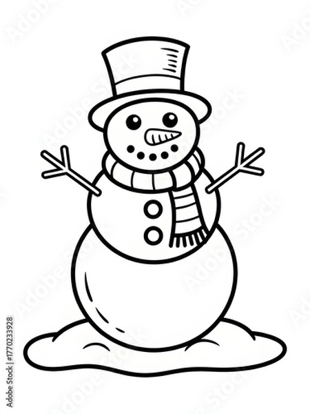 Fototapeta A black and white drawing of snowmen and a snowman, Cheerful smiling snowman character wearing a top hat with stick arms and a carrot nose winter holiday illustration
