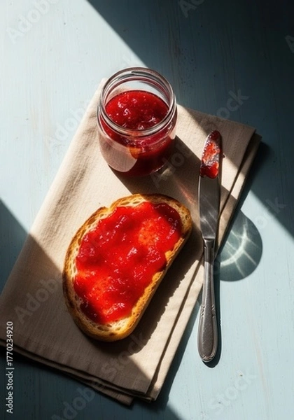 Fototapeta A piece of bread with a jar of jam on top of it