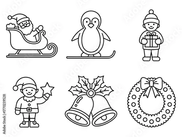 Fototapeta Collection of black and white christmas icons and decorations, Hand Drawn Black and White Christmas Illustrations Set with Various Elements and Styles