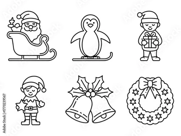 Fototapeta Collection of black and white christmas icons and decorations, Hand Drawn Black and White Christmas Illustrations Set with Various Elements and Styles