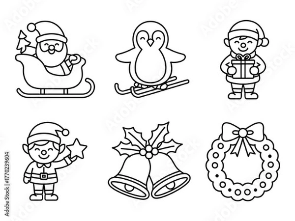 Fototapeta Collection of black and white christmas icons and decorations, Hand Drawn Black and White Christmas Illustrations Set with Various Elements and Styles