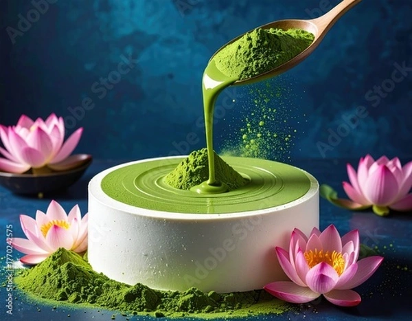 Obraz Matcha green tea cake being poured