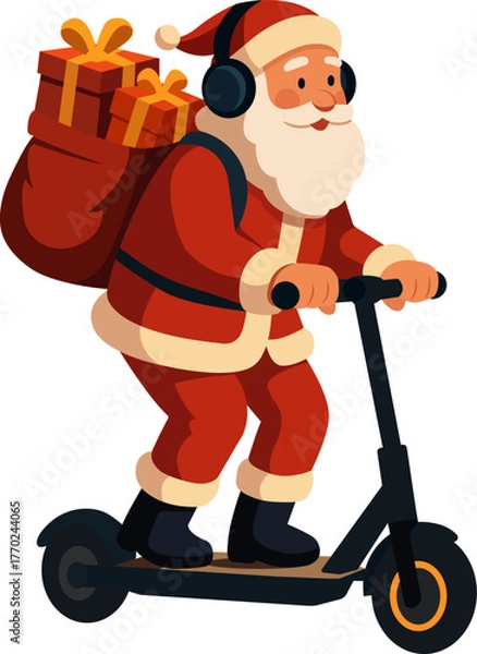 Obraz Minimalist flat vector of Santa Claus delivering gifts on an electric scooter. Great for festive web banners, digital cards, or Christmas delivery themes.