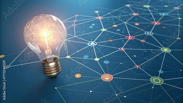 Fototapeta Glowing Light Bulb with Connected Network Illustration Concept for Innovation and Technology Solutions